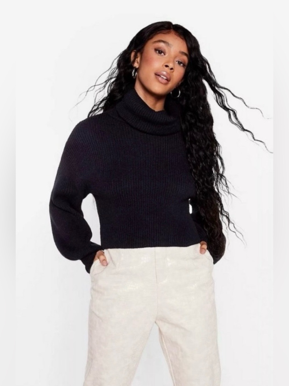 NWT Nasty Gal Black Knitted Turtleneck Balloon Sleeve Sweater M/L